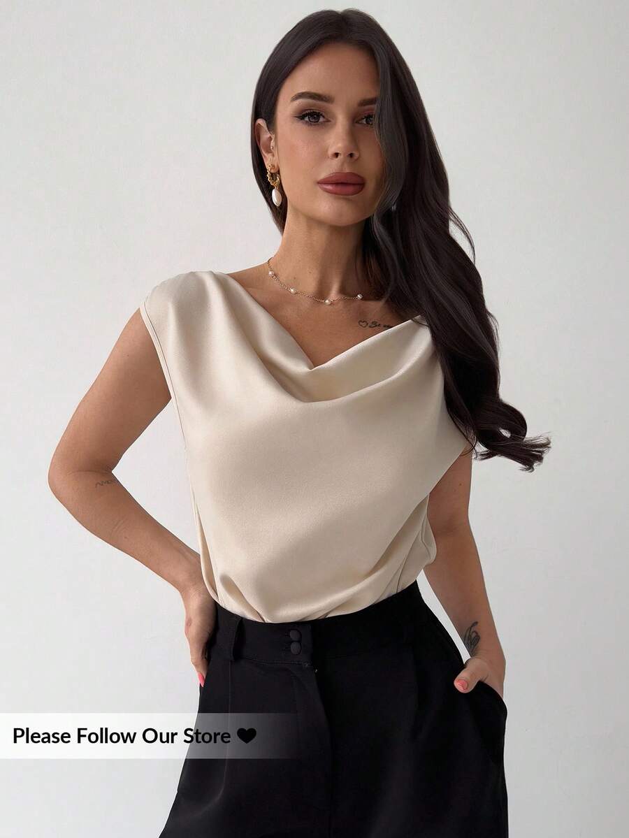 Firerie Beige Summer Elegant Office Minimalist Glitch Pattern Sleeveless Satin Asymmetric Ruffle Collar Bodysuit,Graceful Chic Fashion Clothing For Workwear
