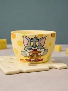 TOM & JERRY X Joivida 1個 X Joivida 陶瓷碗，亮黃色搭配 Together 圖案，裝飾性水果碗，適用於居家廚房、餐廳、客廳，適合裝零食、糖果、甜點、沙拉、收納、蛋糕盤，婚禮、宴會、生日的趣味禮物 - 黃色 - 查看 1