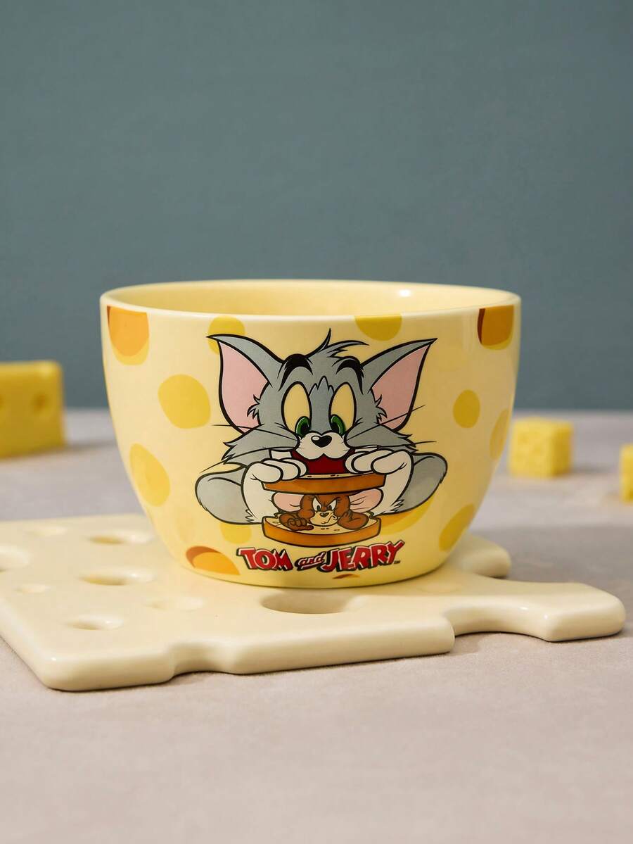 TOM & JERRY X Joivida 1個 X Joivida 陶瓷碗,亮黃色搭配 Together 圖案,裝飾性水果碗,適用於居家廚房、餐廳、客廳,適合裝零食、糖果、甜點、沙拉、收納、蛋糕盤,婚禮、宴會、生日的趣味禮物 - 黃色 - 查看 1