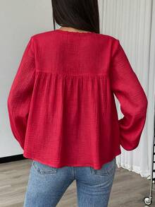 SHEIN 女款秋季休閒純色前綁帶襯衫 - 紅色 - 查看 2