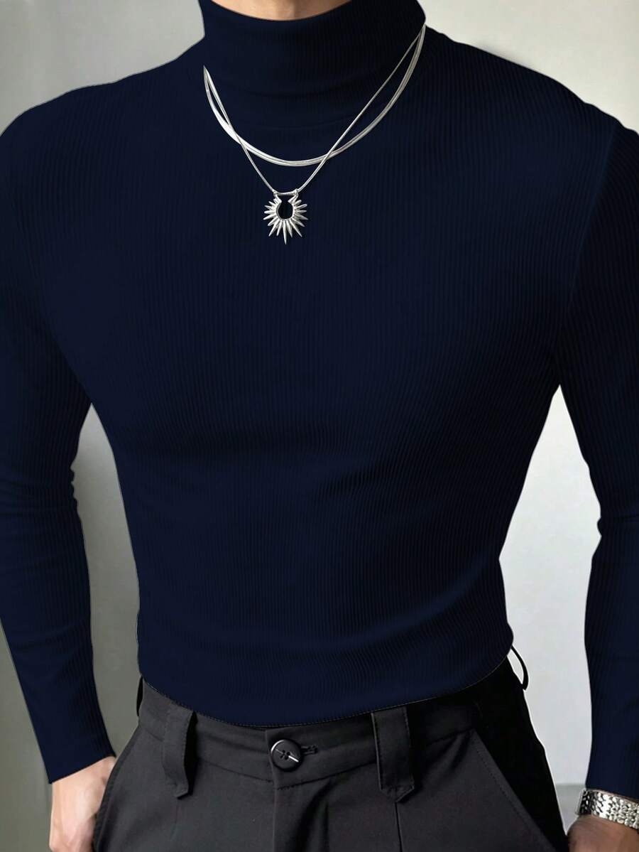 Manfinity Dauomo Men's Casual Everyday Commute Simple Solid Color Turtleneck Long Sleeve Slim Fit T-Shirt, Autumn/Winter - Navy Blue - View 1