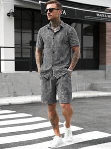 Manfinity CasualCool Men's Striped Short Sleeve Shirt And Shorts Casual Set - Multicolor - View 1
