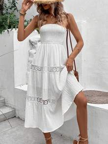 Breezaya Guipure Lace Insert Tube A-Line Dress Vacation Beach Outfits Women - White - View 4