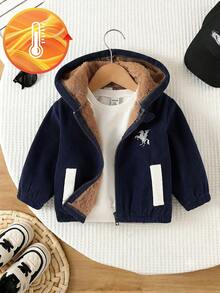 SHEIN Playful Pals Baby Boy Autumn/Winter Front Zipper Embroidered Thermal Lined Corduroy Hooded Jacket, Suitable For Holidays, Parties, Outdoor, School, 6M-3T, Baby Boy Jacket, Toddler Clothing, Baby Clothing - Navy Blue - View 1