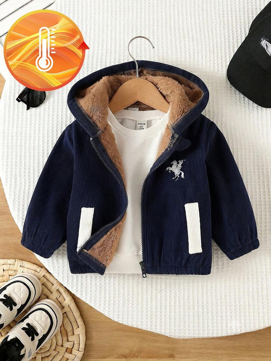 SHEIN Playful Pals Baby Boy Autumn/Winter Front Zipper Embroidered Thermal Lined Corduroy Hooded Jacket, Suitable For Holidays, Parties, Outdoor, School, 6M-3T, Baby Boy Jacket, Toddler Clothing, Baby Clothing - Navy Blue - View 1