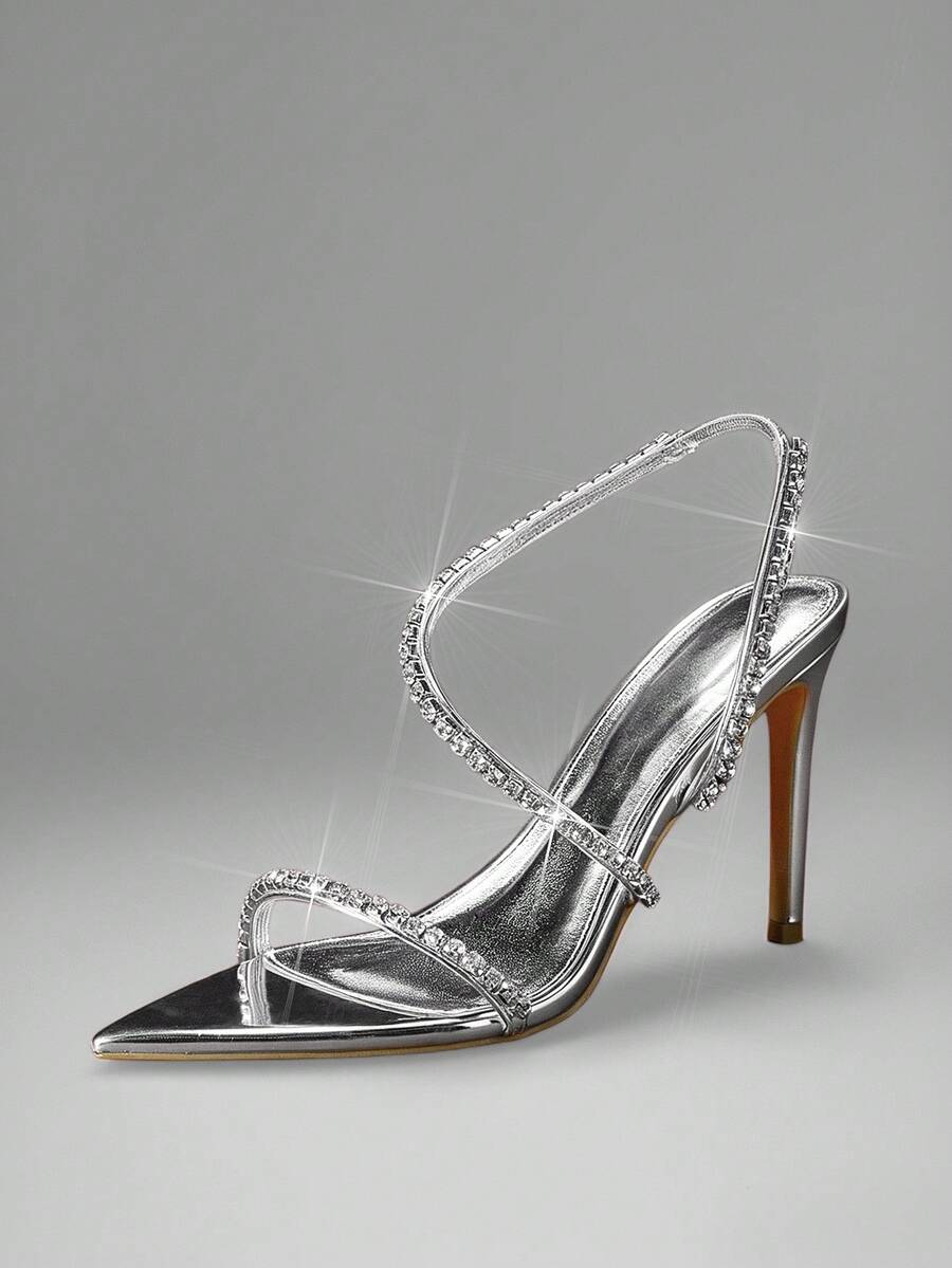 SHUZIA Women's Metallic PU Sexy Point Toe Rhinestone Back Strap Stiletto Heel Sandals - Silver - View 1