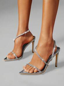 SHUZIA Women's Metallic PU Sexy Point Toe Rhinestone Back Strap Stiletto Heel Sandals - Silver - View 3