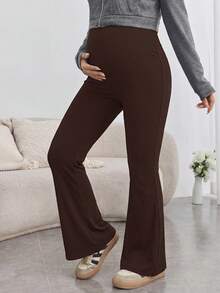 SHEIN Maternity Solid Color Adjustable Waist Casual Versatile Daily Wear Long Pants - Coffee Brown - View 4