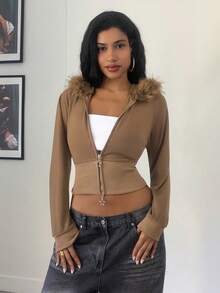 Jeanoix Autumn Casual Fur Collar Hooded Cropped Jacket - Grey - View 3