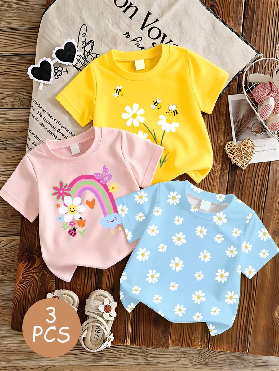 Souflis Souflis 3 PIECE RANDOM 4-7 Years Old Girls Cute & Fresh Rainbow Daisy Bee Print Short Sleeve Tops, Lightweight Casual Wear, School Outfit, Random Pattern - Multicolor - View 1