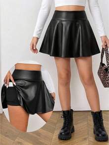SHEIN 青少年女孩黑色仿皮迷你裙，带短裤衬里和口袋，PU 短裙，PU 短裙 - 黑色 - 查看 1