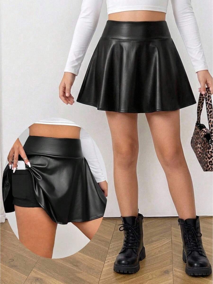 SHEIN 青少年女孩黑色仿皮迷你裙,带短裤衬里和口袋,PU 短裙,PU 短裙 - 黑色 - 查看 1