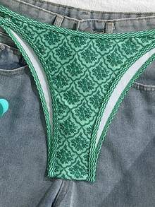 Swim Mod 女款夏季細肩帶性感比基尼度假緊身褲休閒印花隨機兩件式泳衣綠色音樂節Coachella - 綠色 - 查看 6