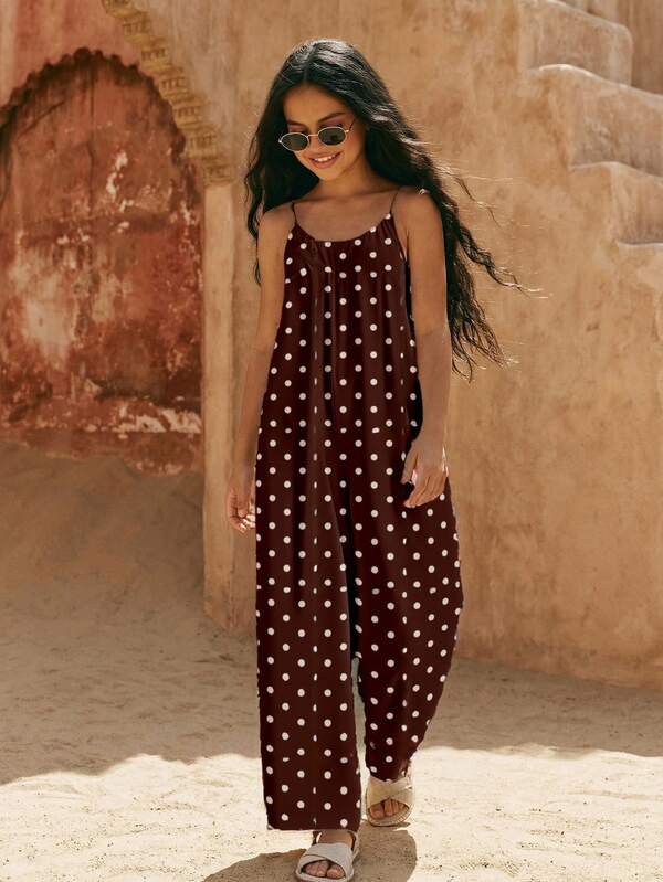 SHEIN Tween Girls Vintage Aesthetic Everyday Casual Loose Camisole Long Romper High Waist Sleeveless Wide Leg Jumpsuit With Classic Polka Dot Pattern