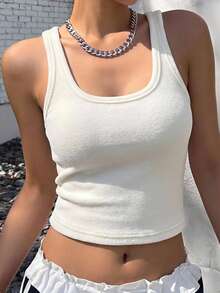 DAZY Women's Solid Color Square Neck Fitted Cropped Casual Tank Top Fall - Beige - View 3