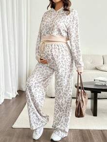 SHEIN Setelan Hamil 2 Potong Hoodie dan Celana Jogging Motif Leopard Musim Gugur - MultiWarna - View 1