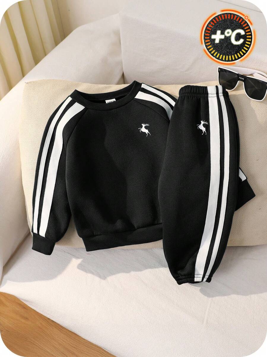 2pcs/Set Baby Boy Cute Casual Sporty Webbing Versatile Knit Christmas Red Sweatshirt & Sweatpants Long Pants Set, Christmas Unisex Baby Clothes, Baby Winter Clothes - Black - View 1