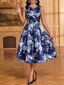 SHEIN Lady 大尺碼女款花卉印花優雅 1950 年代復古 1920 年代收腰派對雞尾酒正式晚宴禮服 海軍藍夏季婚禮 - 藏蓝色 - 查看 3