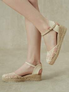 Styleloop Women's Hemp Rope Straw Weave Wedge Heel White Lace Mesh Women's Wedge Heel Shoes Sandals Hemp Rope Shoes Bohemian Style Vacation Beach Seaside - Apricot 2 - View 12
