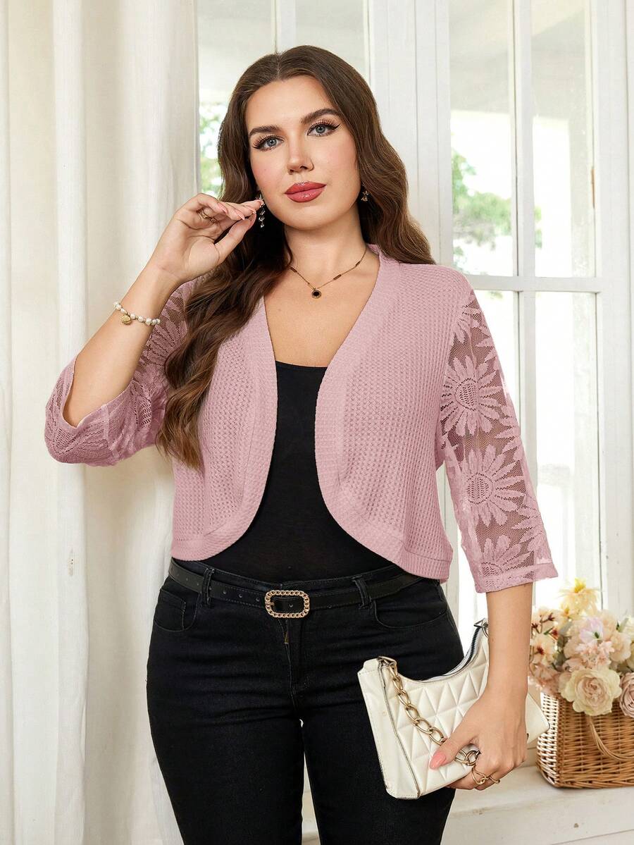 Reflora Plus Size Women's Jacket Autumn Elegant Goth Curve Shiny Fabric Sequin Short Sheer Party Formal High Tea Cocktail Evening Casual Wedding Fuchsia Pink - Baby Pink - View 1
