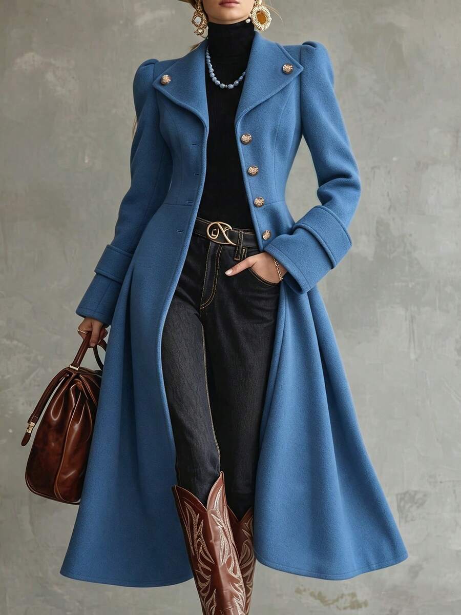 LUMIGAL Women's Wool Blend Long Coat With Large Lapel, Cinched Waist And Metal Button Decoration, Elegant Commuter Streetwear For Spring And Autumn - Blue - View 1