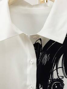 SHEIN 青少年女孩黑白格紋字母印花短袖上衣，襯衫領，落肩設計，低領口，女孩格紋字母印花短袖上衣，適合日常穿著、外出，春夏季 - 白色 - 查看 6