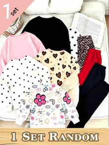 1 Random Item From 5 Girls' Fresh Heart Bow Polka Dot Floral Cherry Leopard Print Basic Crew Neck Sweatshirt With Leggings - Multicolor - View 2