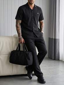 Manfinity Homme Men's Metal Buckle Short Sleeve Shirt And Pocket Long Pants Set - Black - View 5