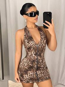 SHEIN ICON 女款時尚豹紋拉鍊掛脖性感洋裝 - 酒紅色 - 查看 3