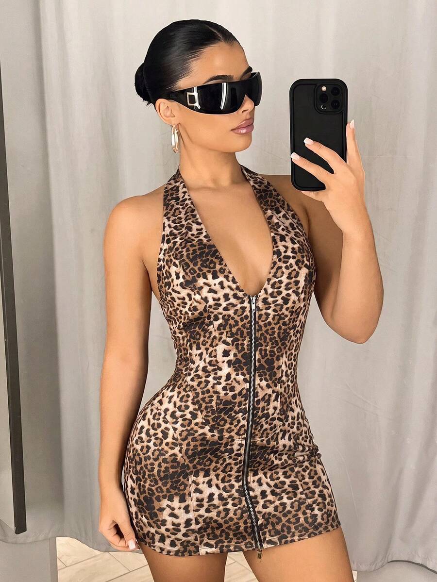 SHEIN ICON Women's Fashion Leopard Print Zipper Halter Neck Sexy Dress - Burgundy - View 1