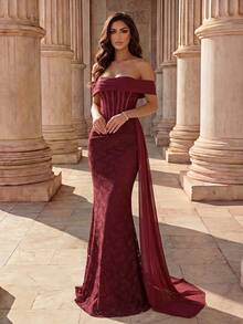 Coutiva Women's Off-Shoulder Fitted Extra Long Lace Mermaid Hem Evening Gown - Burgundy - View 5