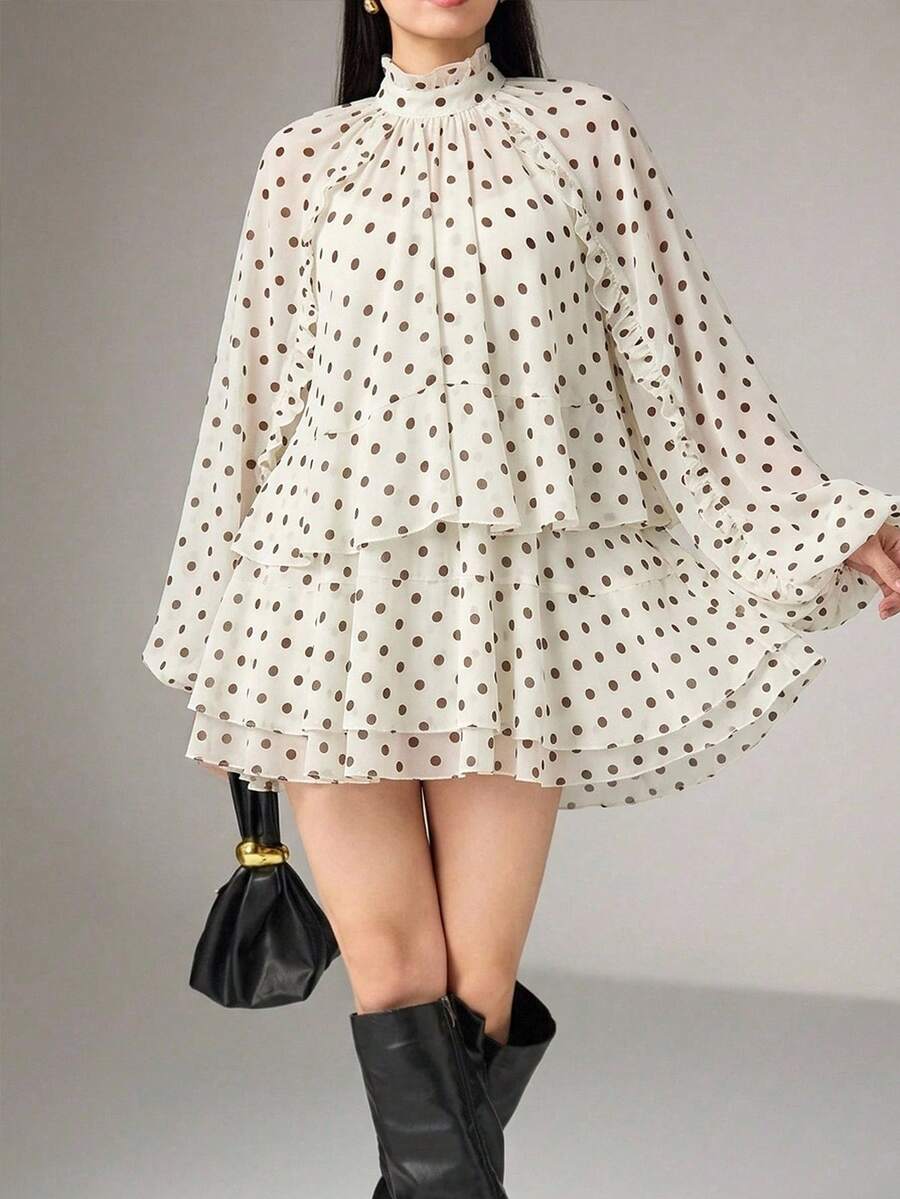 Heiryn Women's Polka Dot Print Fashion Romantic Elegant Ruffle Hem Dress Garden Party Tea Party Date Black White Polka Dot Autumn - Black and White - View 1