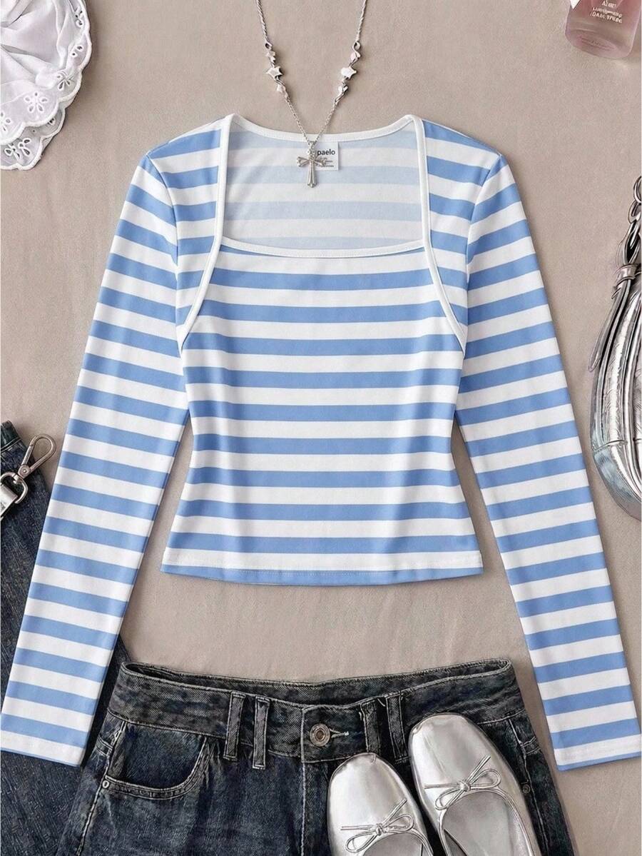 SHEIN 兒童青少年女孩休閒復古藍白條紋方領長袖上衣 T-shirt,適合秋季日常與校園穿著 - 藍白色 - 查看 1