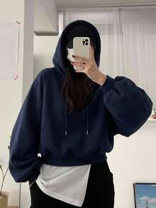 DAZY Women's Solid Color Hooded Oversized Cropped Sweatshirt Fall - Navy Blue - View 4