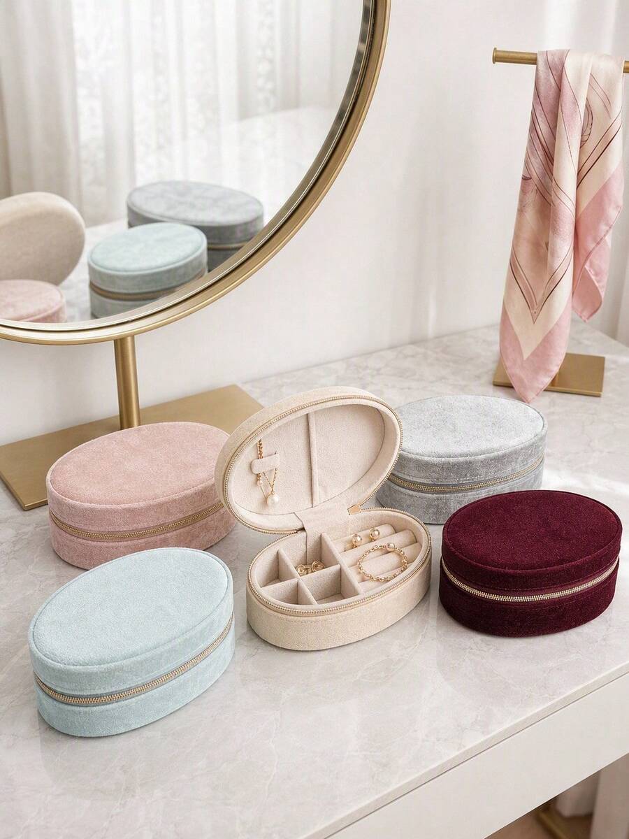 Haus Hana 1pc New Arrival Velvet Egg-Shaped Jewelry Case, Mini Portable Storage Box For Rings, Earrings, Necklaces & Ornaments, In Stock - Multicolor - View 1