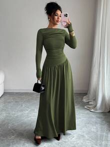 Elenzga Women's Milk Silk Double Brushed Knit Elastic Square Neck Ruched Front Waist-Down Asymmetrical Hem A-Line Loose Hem Long Sleeve Long Dress, Maillard Style, Fitted, Can Be Layered, Exquisite Elegant French Romantic Girl Office Commute Street Style Street Photography Australian Minimalist Versatile Old Money Style Women's Style Thanksgiving Back To School Afternoon Tea Party Spring Autumn Winter - Army Green - View 6