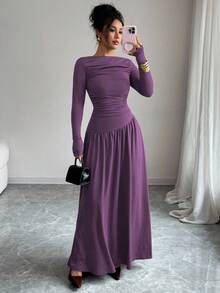Elenzga Vestido largo de mujer de seda de leche de punto elástico con doble cepillado, cuello cuadrado, fruncido delantero, cintura favorecedora, línea A, bajo suelto, manga larga, estilo Maillard, ajustado, con capas, elegante, romántico francés, estilo femenino, estilo de oficina, estilo de calle, moda de invierno australiana, estilo minimalista versátil, estilo profesional de mujer de dinero antiguo, Acción de Gracias, vuelta a la escuela, fiesta de té de la tarde, primavera, otoño, invierno - Morado - Ver 5
