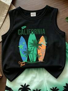 1組隨機款男嬰休閒度假套裝，衝浪板與椰子樹印花圓領背心搭配印花短褲，適合夏季外出 - 彩色 - 查看 5