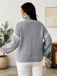 Weeklong Plus Size Contrast Color High Neck Long Sleeve Slouchy Commute Autumn/Winter Versatile Knit Sweater Thickened - Grey - View 2