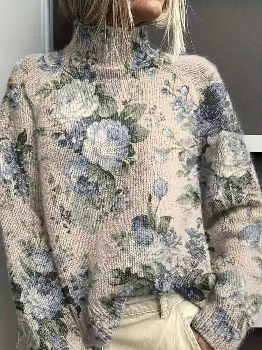 SHEIN Soft Watercolor Rose Print Knit Sweater, Light Blue Floral High Neck Loose Drop Shoulder Slimming Pullover - Apricot - View 1