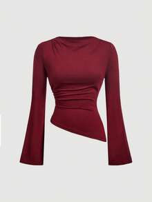 SHEIN MOD 女款 2 件組 酒紅與黑色亮片圓領抓皺喇叭袖收腰不對稱下擺百搭長袖 T-shirt 打底衫 - 紅色和黑色 - 查看 7