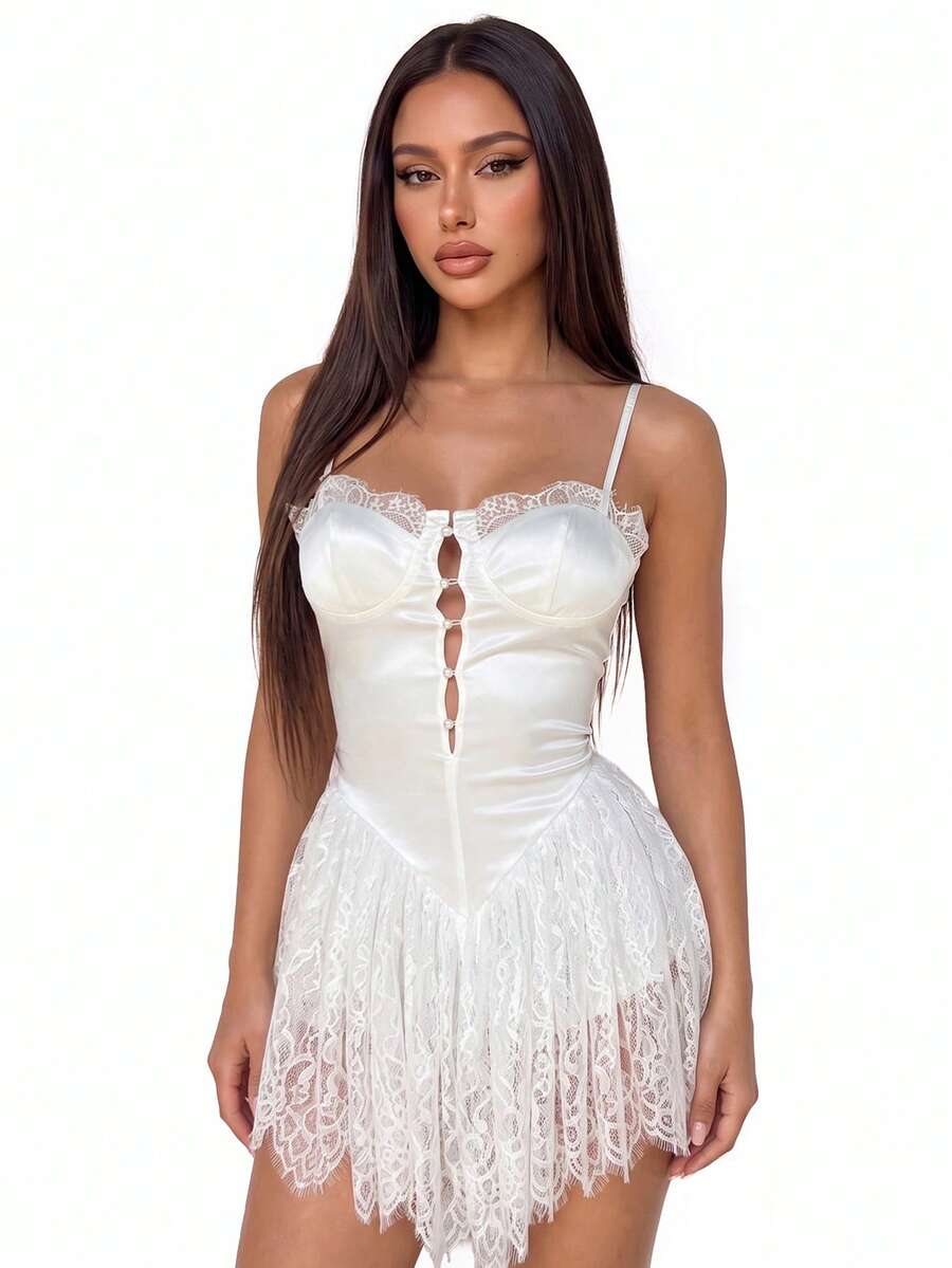 SHEIN ICON 女士蕾丝拼布缎面白色迷你连衣裙 - 白色 - 查看 1