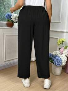 EMERY ROSE Plus Size Women's Solid Color Casual Fold-Over Ankle Pants Fall - Black - View 2