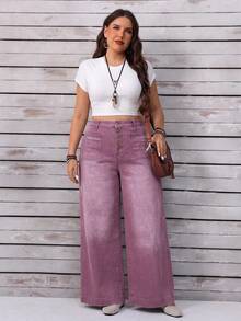 EMERY ROSE Plus Size Women Loose Button Front Wide Leg Casual Jeans - Dusty Pink - View 8