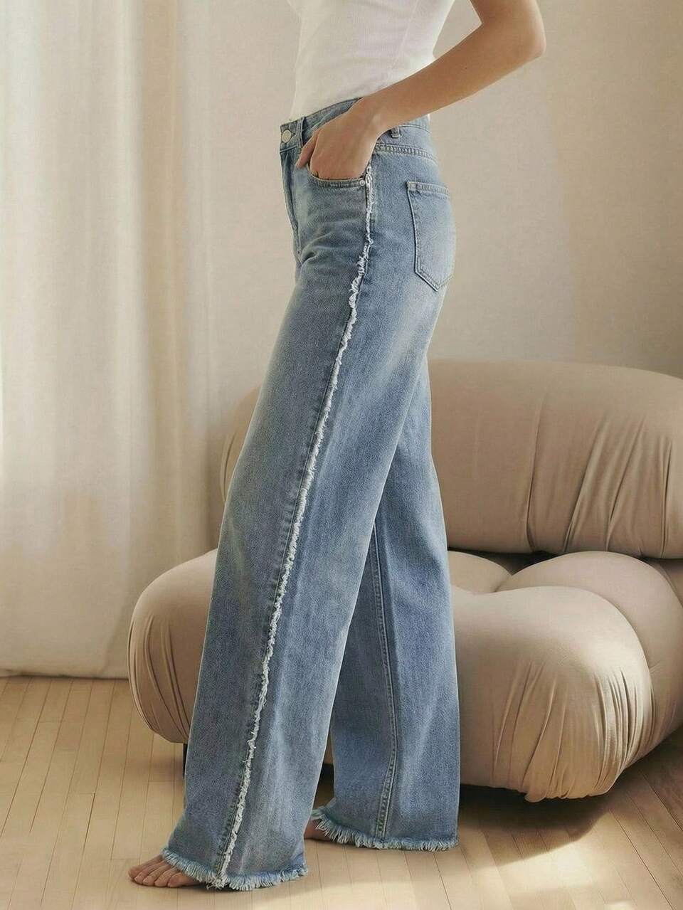 Anewsta Light Blue Frayed Hem Straight Leg Jeans Date Everyday Summer Casual
