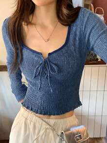 DAZY 女款前綁帶設計長袖修身短版T恤 秋季 - 藍色 - 查看 7