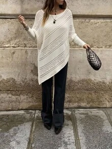 Freevana Plus Size Batwing Long Sleeve Asymmetric White Pointelle Knit Sweater With Slouchy Neck Ribbed Cuffs Diagonal Hem For Autumn Formal Vacation Bohemian - White - View 5