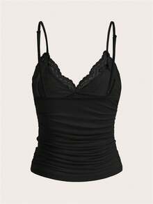 SHEIN ICON 女款夏季優雅素色蕾絲拼接細肩帶背心 - 黑色 - 查看 2