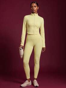 Zivah Women's Sportswear Set Zipper Long Sleeve Jacket & Long Pant With Pockets Gym Workout Activewear Outfit For Autumn Winter - Yellow - View 10