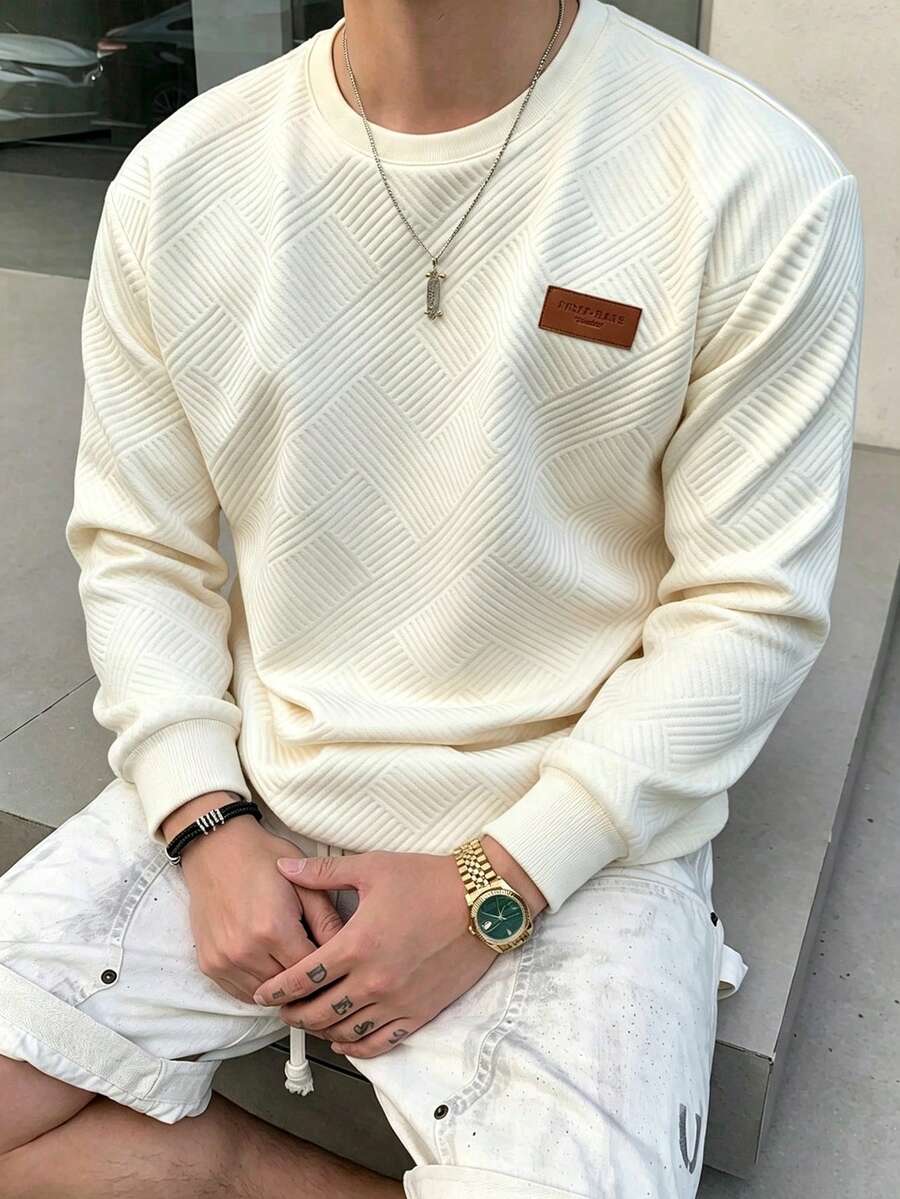 DAZY Men's Letter Patched Long Sleeve Tee , Summer - Beige - View 1